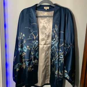 Blue Satin Kimono W/ Birds + Trees Design
